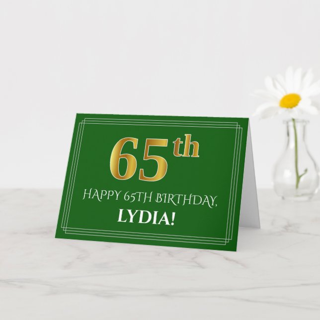 Elegant Faux Gold Look 65th Birthday, Name (Green) Card (Small Plant)