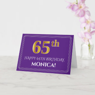 Elegant Faux Gold Look 65th Birthday, Name; Purple Card