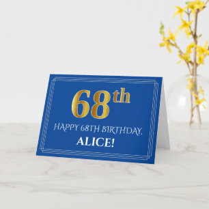 Elegant Faux Gold Look 68th Birthday, Name (Blue) Card