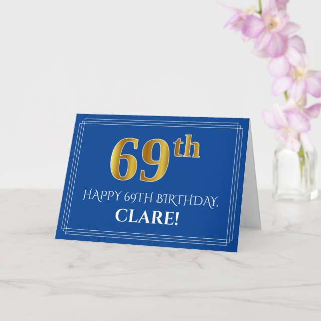 Elegant Faux Gold Look 69th Birthday, Name (Blue) Card (Orchid)
