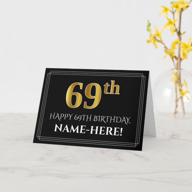 Elegant Faux Gold Look "69th" Birthday + Name Card (Yellow Flower)
