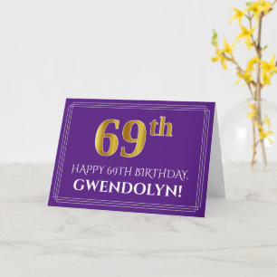 Elegant Faux Gold Look 69th Birthday, Name; Purple Card