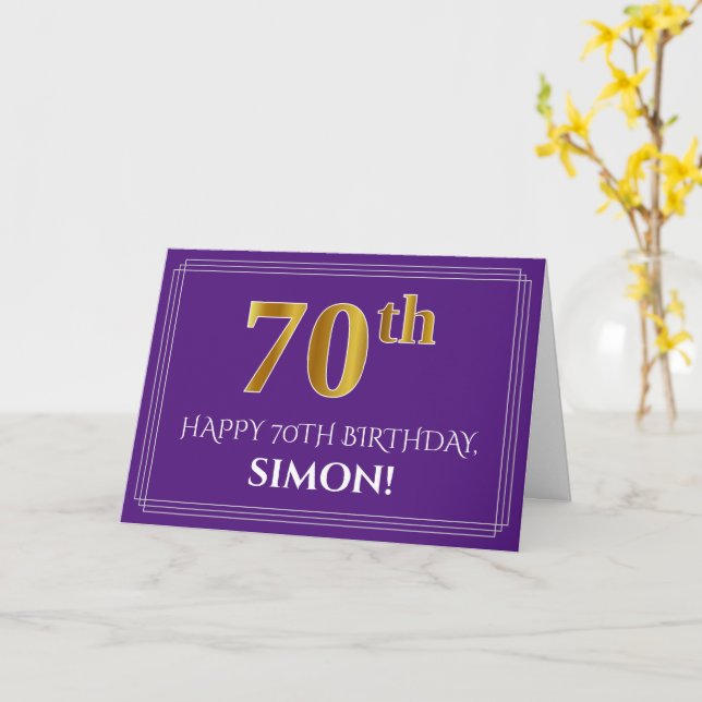 Elegant Faux Gold Look 70th Birthday, Name; Purple Card (Yellow Flower)
