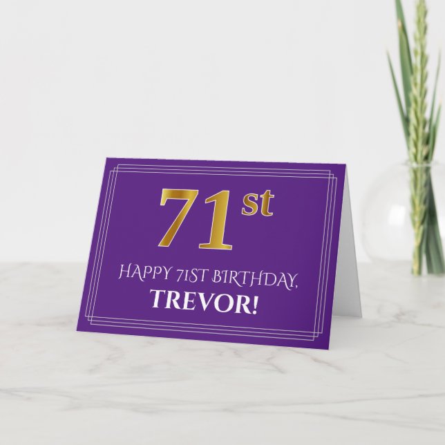 Elegant Faux Gold Look 71st Birthday, Name; Purple Card (Front)