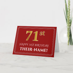 Elegant Faux Gold Look "71st" Birthday, Name (Red) Card