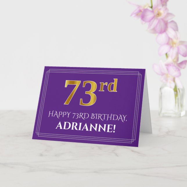 Elegant Faux Gold Look 73rd Birthday, Name; Purple Card (Orchid)
