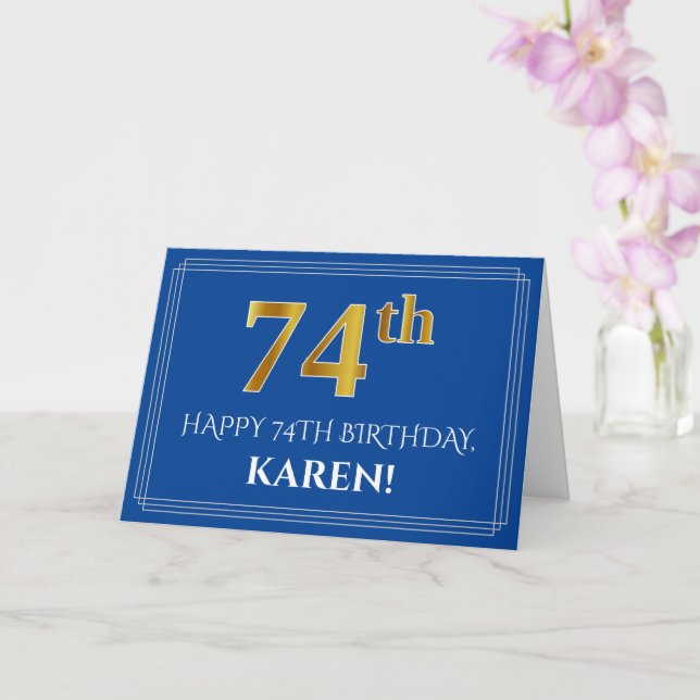 Elegant Faux Gold Look 74th Birthday, Name (Blue) Card (Orchid)