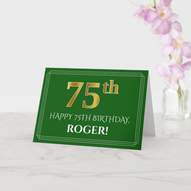 Elegant Faux Gold Look 75th Birthday, Name (Green) Card (Orchid)