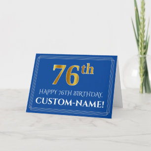 Elegant Faux Gold Look 76th Birthday, Name (Blue) Card