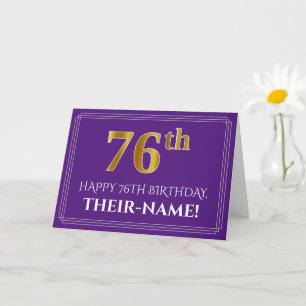 Elegant Faux Gold Look 76th Birthday, Name; Purple Card