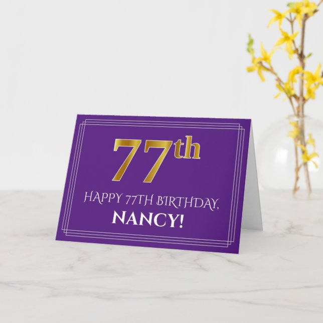 Elegant Faux Gold Look 77th Birthday, Name; Purple Card (Yellow Flower)