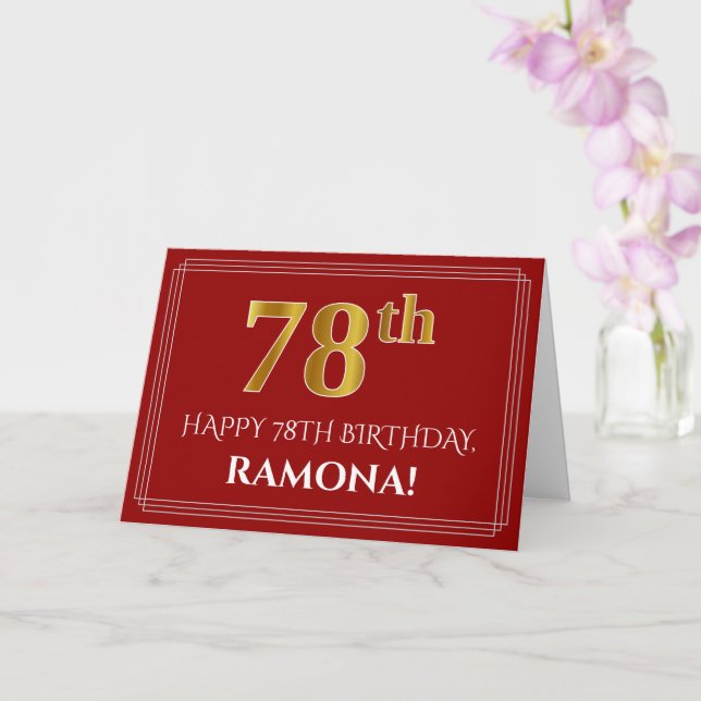 Elegant Faux Gold Look "78th" Birthday, Name (Red) Card (Orchid)