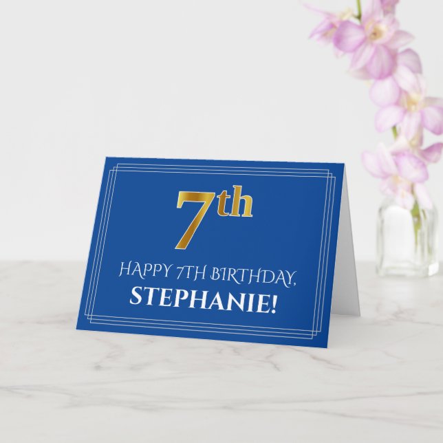 Elegant Faux Gold Look 7th Birthday, Name (Blue) Card (Orchid)