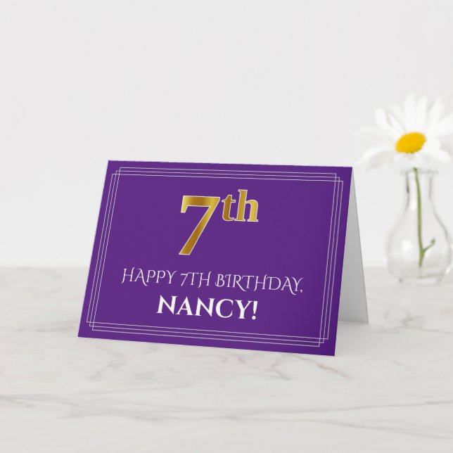 Elegant Faux Gold Look 7th Birthday, Name; Purple Card (Small Plant)