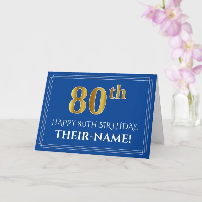 Elegant Faux Gold Look 80th Birthday, Name (Blue) Card (Orchid)