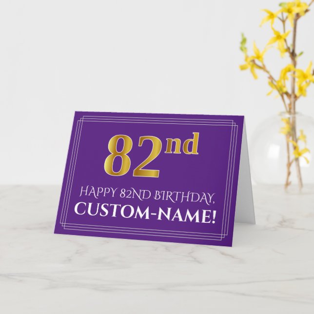 Elegant Faux Gold Look 82nd Birthday, Name; Purple Card (Yellow Flower)