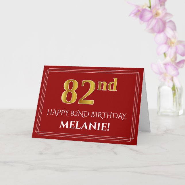 Elegant Faux Gold Look "82nd" Birthday, Name (Red) Card (Orchid)