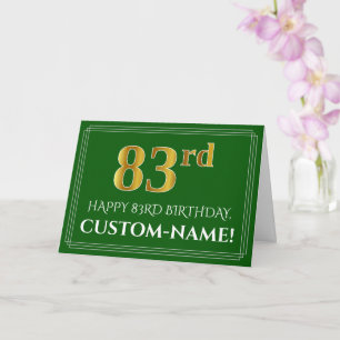 Elegant Faux Gold Look 83rd Birthday, Name (Green) Card