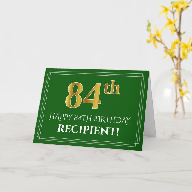 Elegant Faux Gold Look 84th Birthday, Name (Green) Card (Yellow Flower)