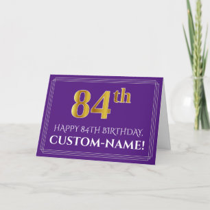 Elegant Faux Gold Look 84th Birthday, Name; Purple Card
