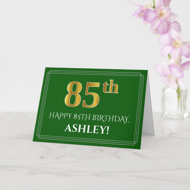 Elegant Faux Gold Look 85th Birthday, Name (Green) Card (Orchid)