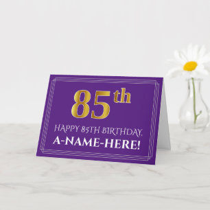 Elegant Faux Gold Look 85th Birthday, Name; Purple Card