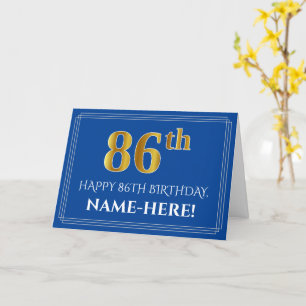 Elegant Faux Gold Look 86th Birthday, Name (Blue) Card