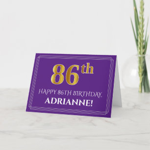 Elegant Faux Gold Look 86th Birthday, Name; Purple Card