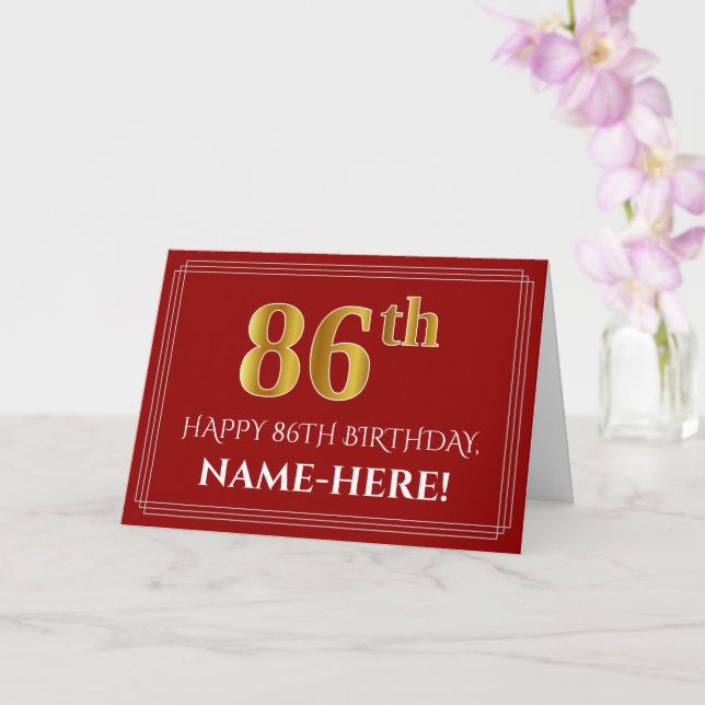 Elegant Faux Gold Look "86th" Birthday, Name (Red) Card (Orchid)