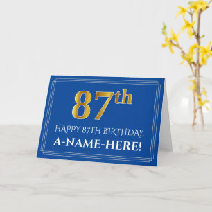 Elegant Faux Gold Look 87th Birthday, Name (Blue) Card