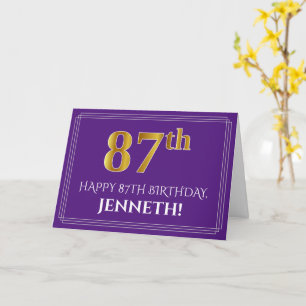 Elegant Faux Gold Look 87th Birthday, Name; Purple Card