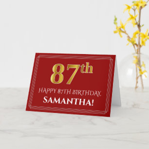 Elegant Faux Gold Look "87th" Birthday, Name (Red) Card