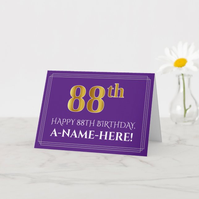 Elegant Faux Gold Look 88th Birthday, Name; Purple Card (Small Plant)