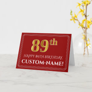 Elegant Faux Gold Look "89th" Birthday, Name (Red) Card