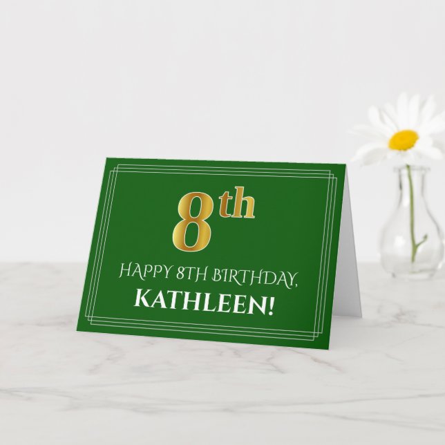 Elegant Faux Gold Look 8th Birthday, Name (Green) Card (Small Plant)