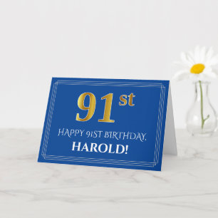 Elegant Faux Gold Look 91st Birthday, Name (Blue) Card