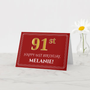 Elegant Faux Gold Look "91st" Birthday, Name (Red) Card