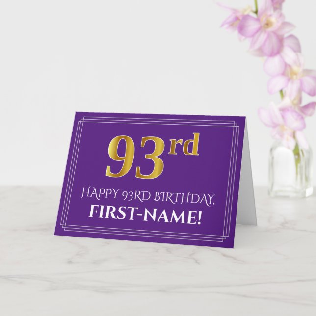 Elegant Faux Gold Look 93rd Birthday, Name; Purple Card (Orchid)