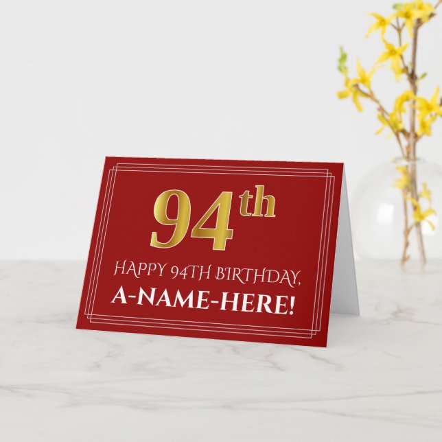 Elegant Faux Gold Look "94th" Birthday, Name (Red) Card (Yellow Flower)