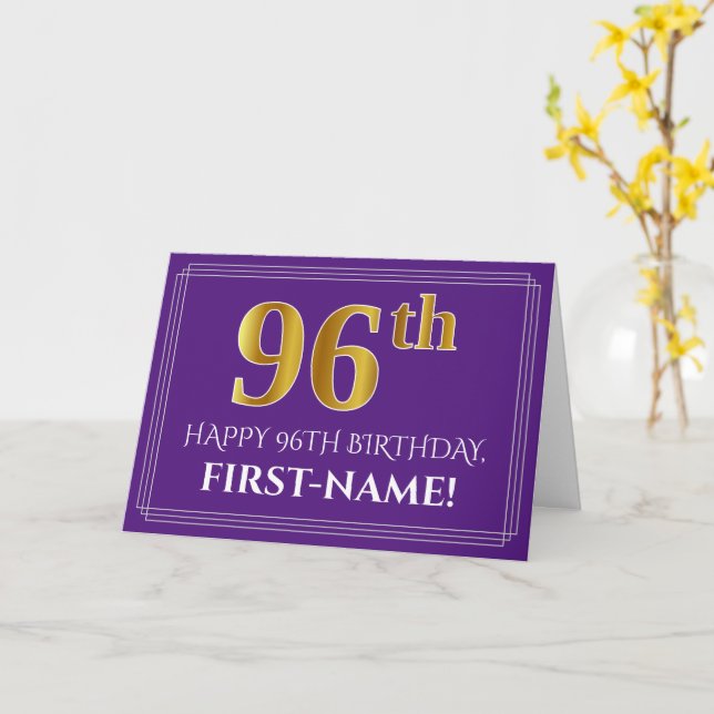 Elegant Faux Gold Look 96th Birthday, Name; Purple Card (Yellow Flower)
