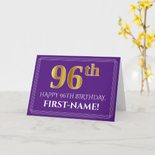Elegant Faux Gold Look 96th Birthday, Name; Purple Card