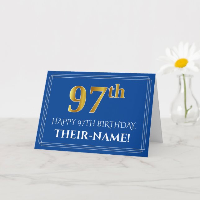 Elegant Faux Gold Look 97th Birthday, Name (Blue) Card (Small Plant)