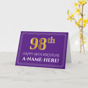 Elegant Faux Gold Look 98th Birthday, Name; Purple Card