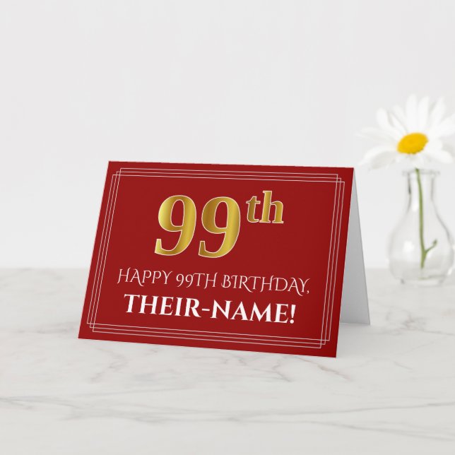Elegant Faux Gold Look "99th" Birthday, Name (Red) Card (Small Plant)