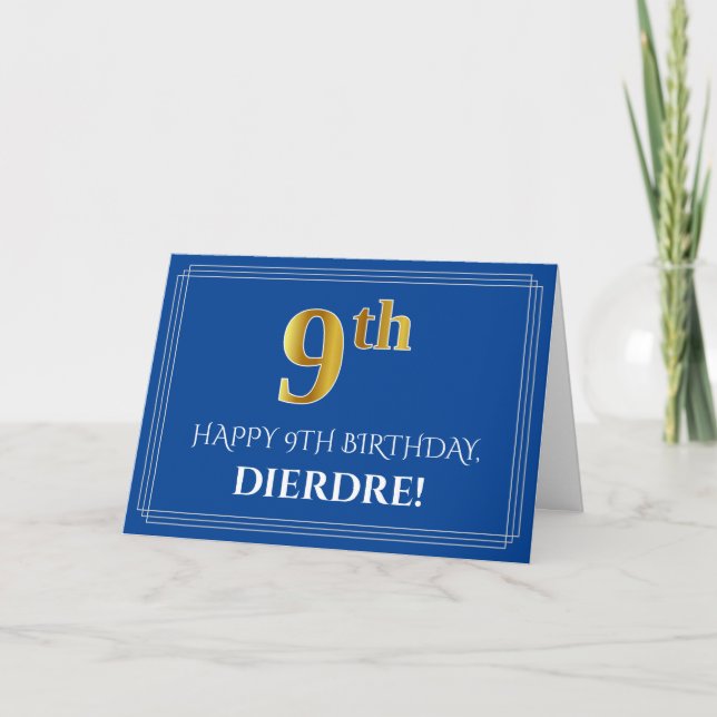 Elegant Faux Gold Look 9th Birthday, Name (Blue) Card (Front)
