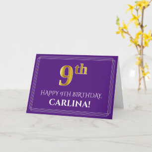 Elegant Faux Gold Look 9th Birthday, Name; Purple Card
