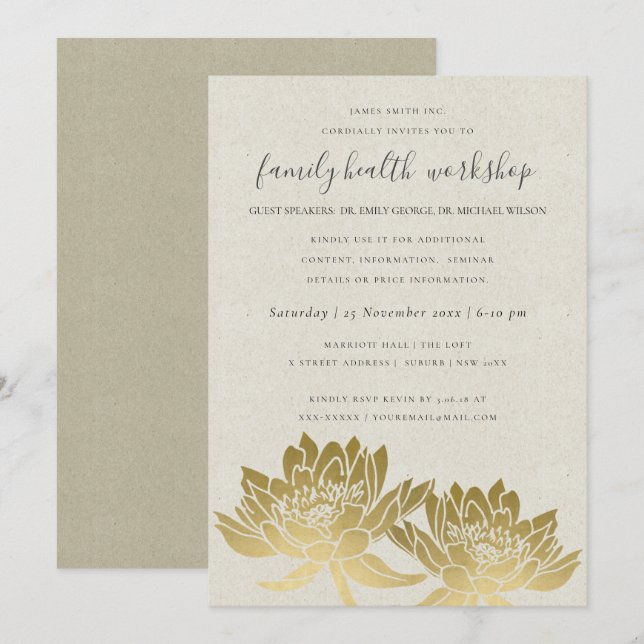 ELEGANT FAUX GOLD LOTUS KRAFT WORKSHOP EVENT INVITATION (Front/Back)