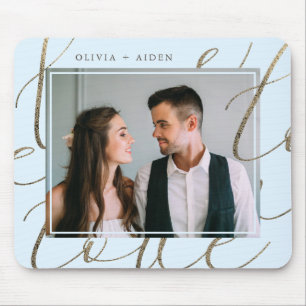 Elegant Faux Gold Love Script with Photo and Name Mouse Mat