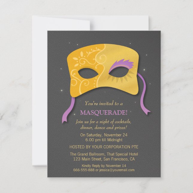 Elegant Faux Gold Mask Masquerade Party Invites (Front)