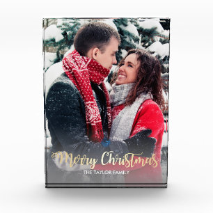 Elegant faux gold Merry Christmas text photo Block